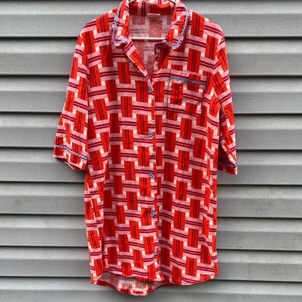 Ban.do Basket Plaid Leisure Dress Pajama Red Pink 3/4 Sleeve‎ Nightshirt Medium
